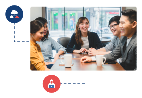 Group of professionals smiling around a table, representing the collaboration and efficiency of a Global Employer of Record service