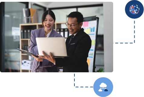 Smiling man and woman working together, representing the collaborative and efficient approach of a recruitment agency